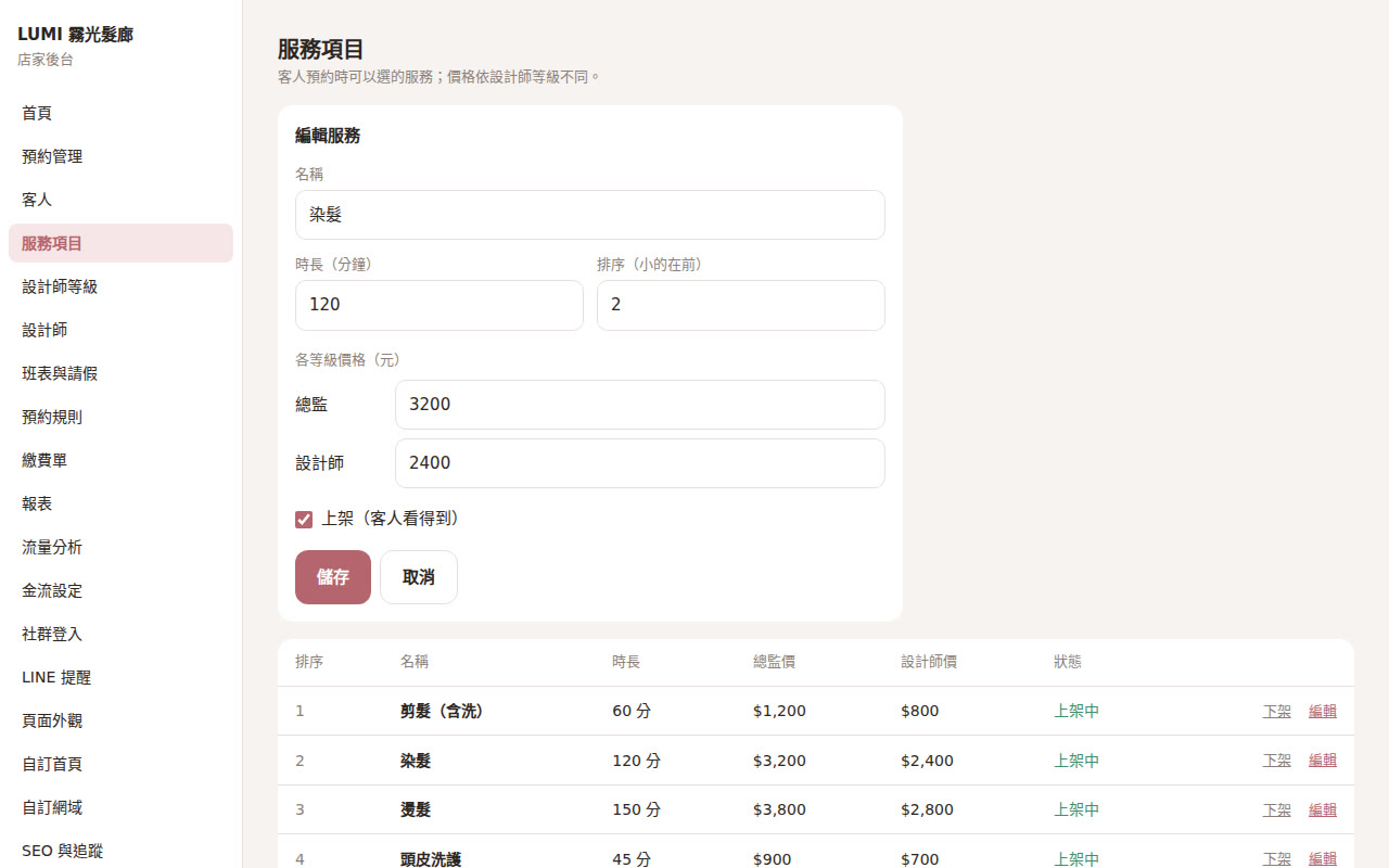 服務項目與等級價格
